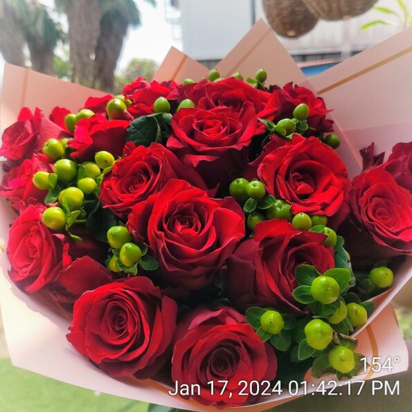 20 stems of Red roses with hypericum