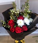 5 stems of Red roses mix with wax owners, chrysanthemums and gypsophila