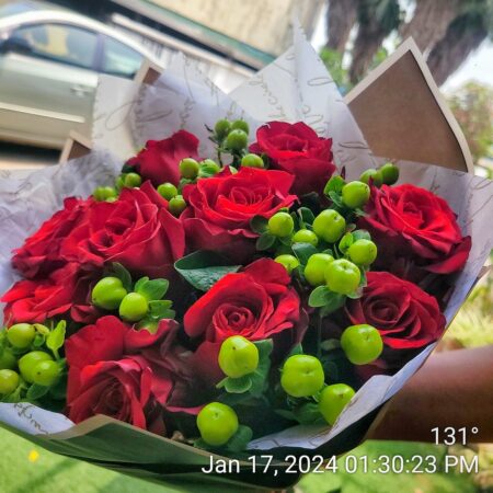 10 stems of Red Roses mix with Green Hypericum beautiful wrapped