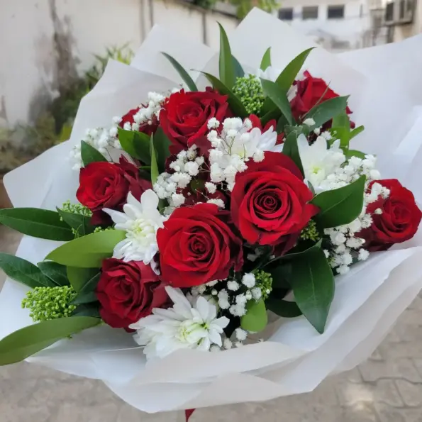 8 stems of Red Roses mix with chrysanthemum, gypsophila and skimmia