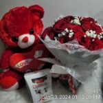 Teddy bear, red roses and chocolate