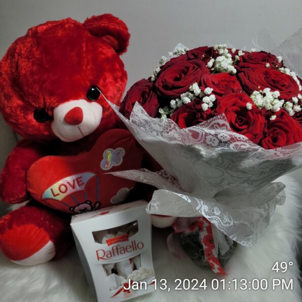 Red teddy bear with 10 stems of Red roses and chocolate